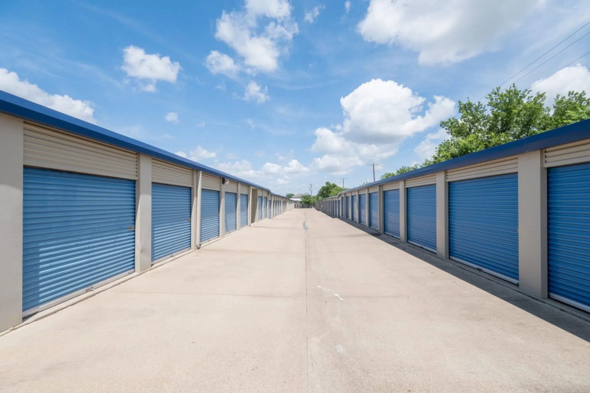 Self storage units with blue doors