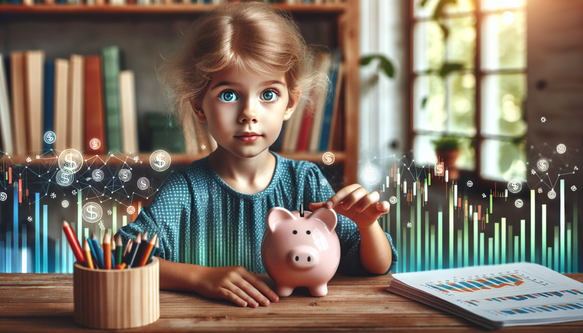 Young child looking at a piggy bank and learning about investing for kids